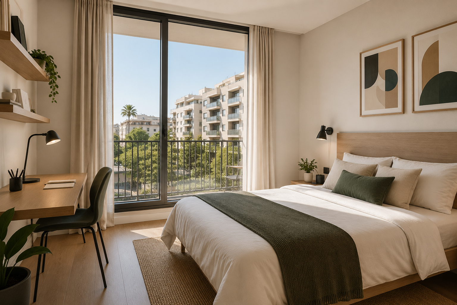 Bright bedroom with desk, balcony and city views