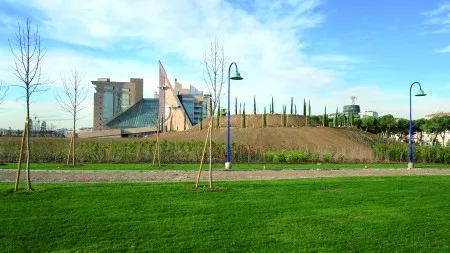Green space and surrounding buildings at Parco Novoli in Florence