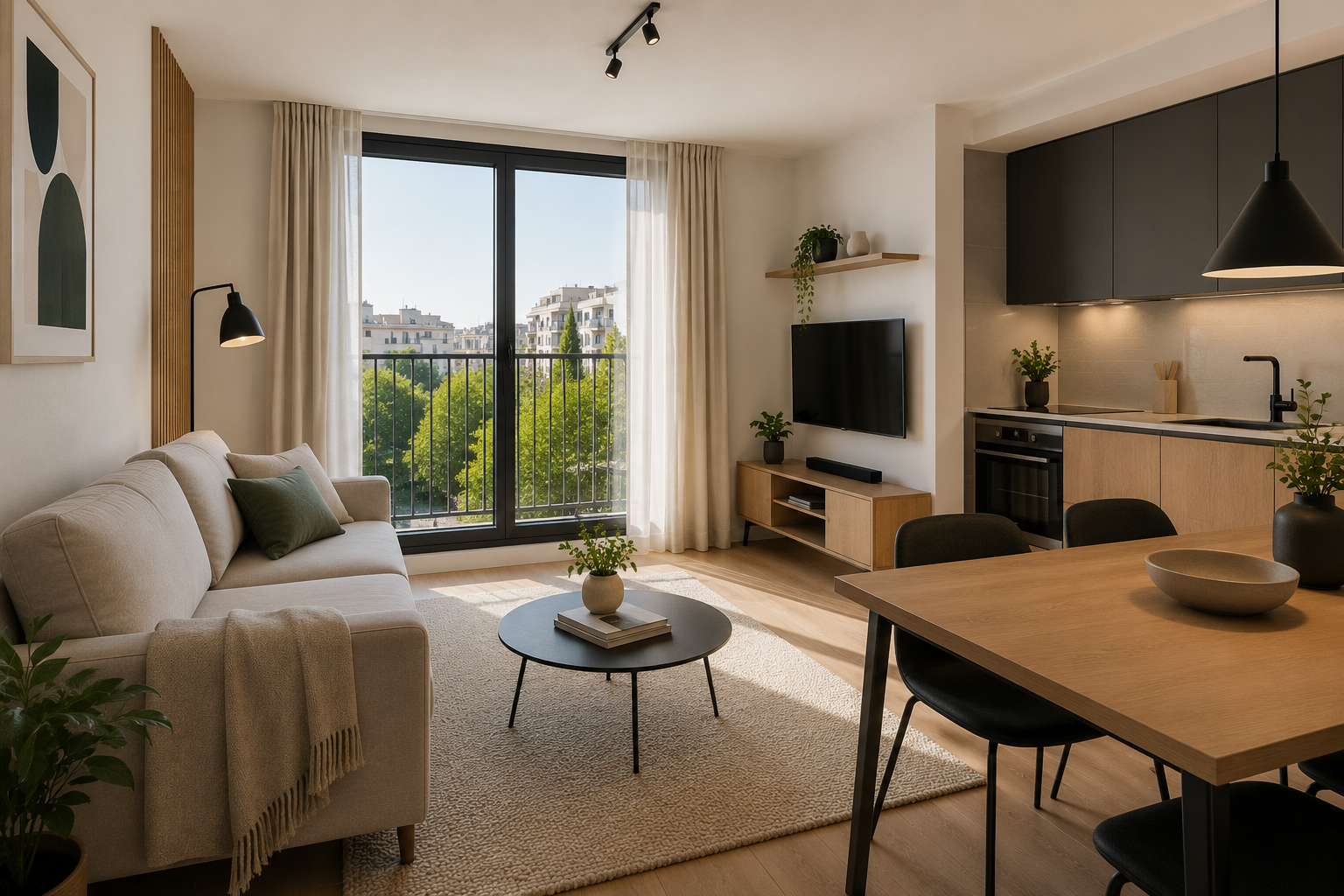 Bright living room with dining area and open kitchen