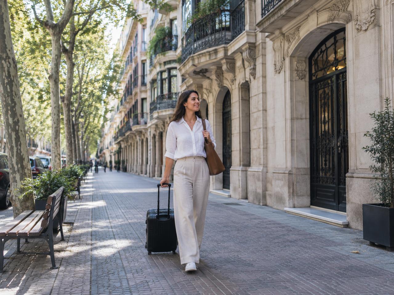 International professional arriving with a suitcase on a residential street in Barcelona’s Eixample neighborhood
