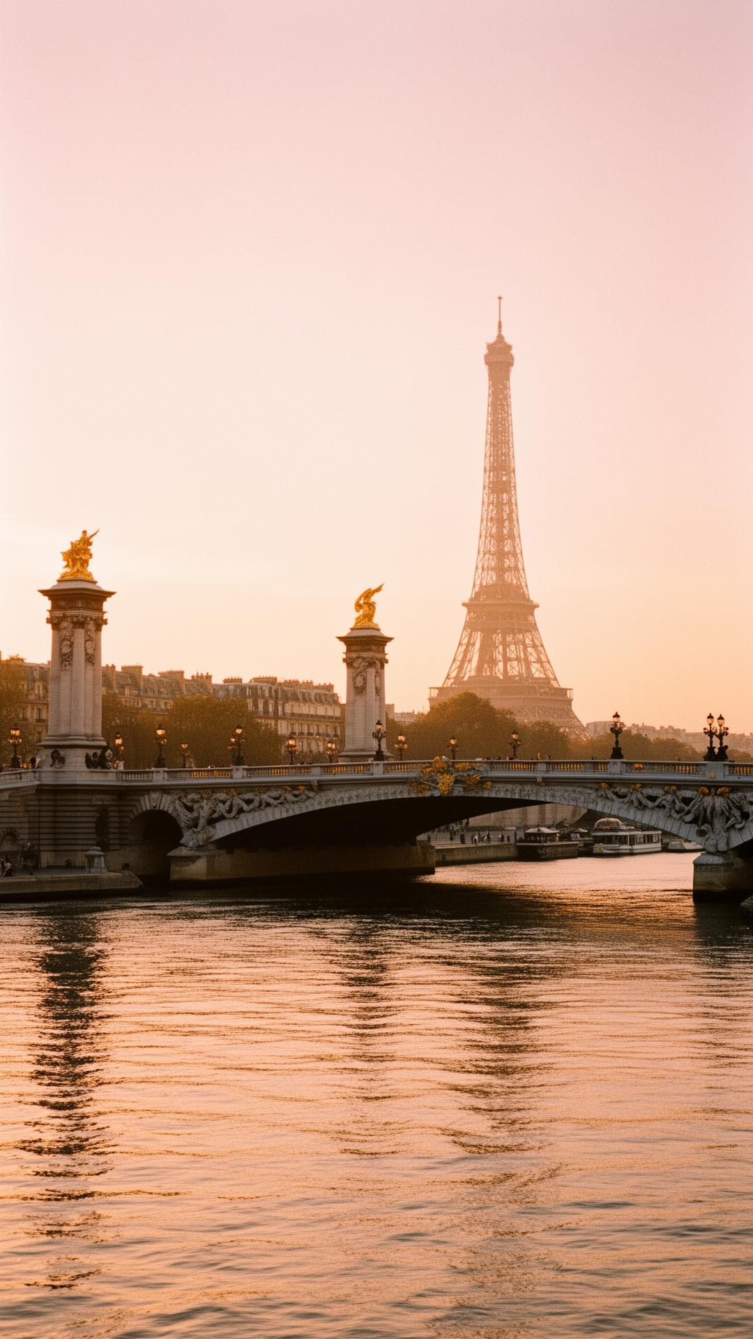 Paris at golden hour seen from the Seine