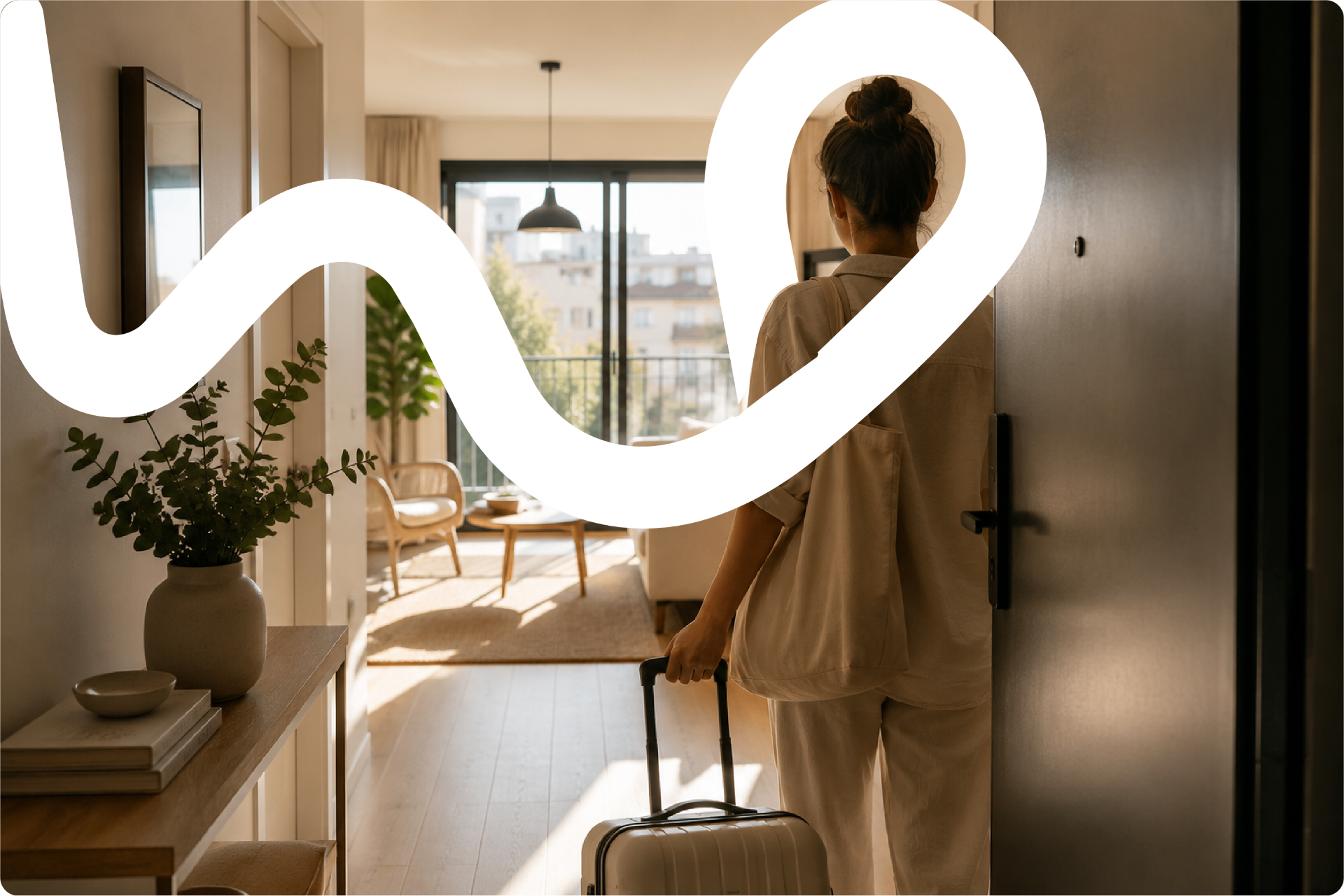 A young woman arriving with her suitcase in a sunlit new apartment abroad