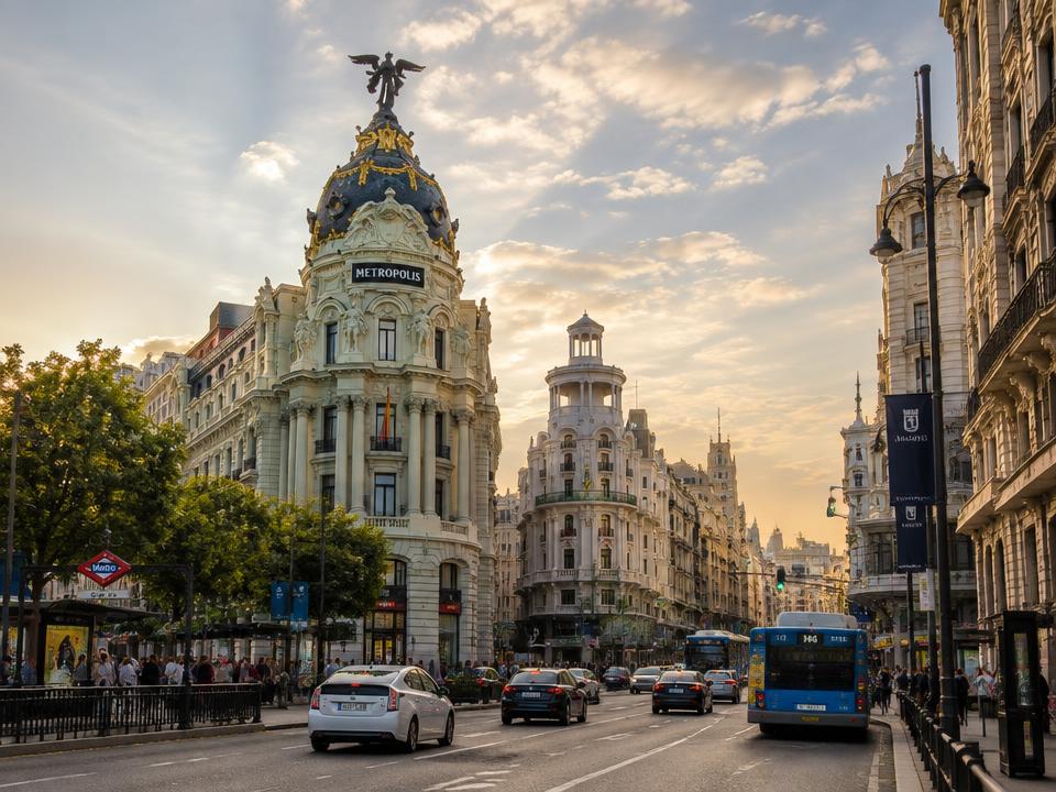 Metropolis building on Gran Vía in Madrid at sunset