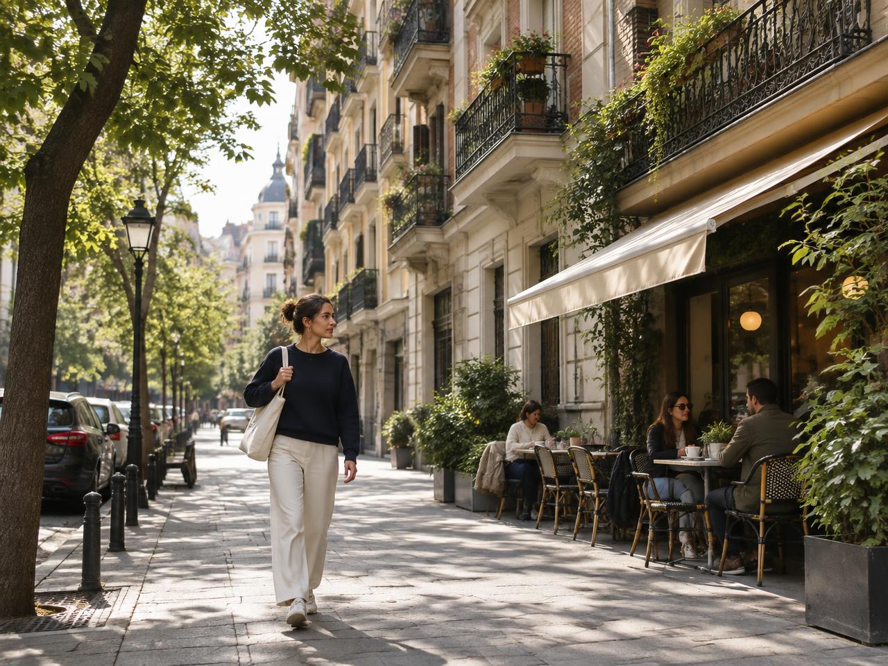 Residential street in Chamberí, Madrid, with balconies, trees and a café terrace
