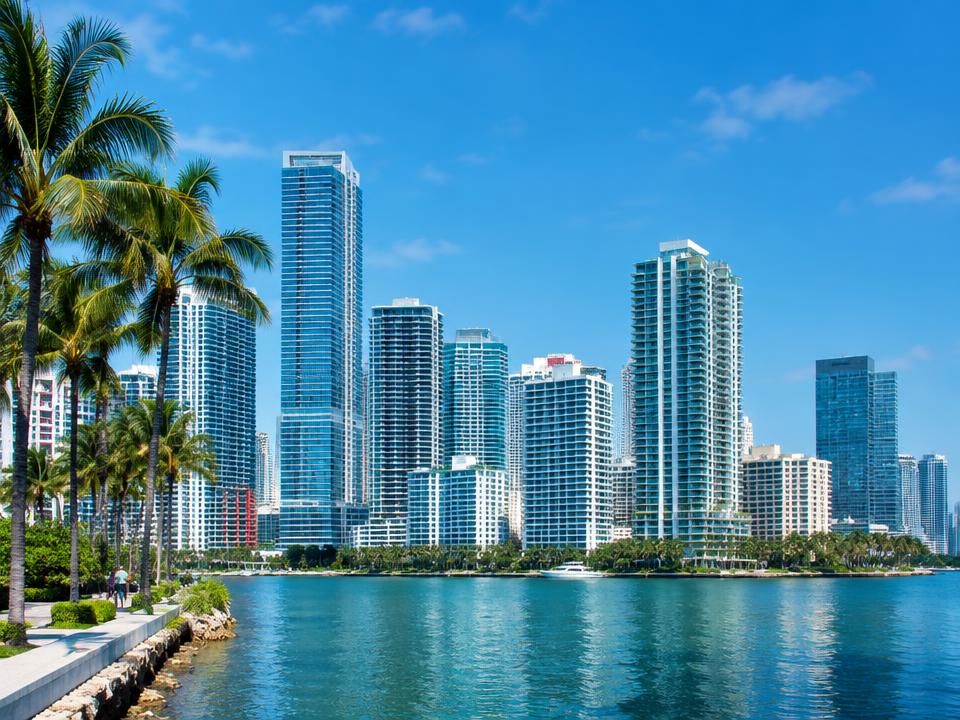 Brickell skyline and palm trees along Biscayne Bay in Miami on a clear day