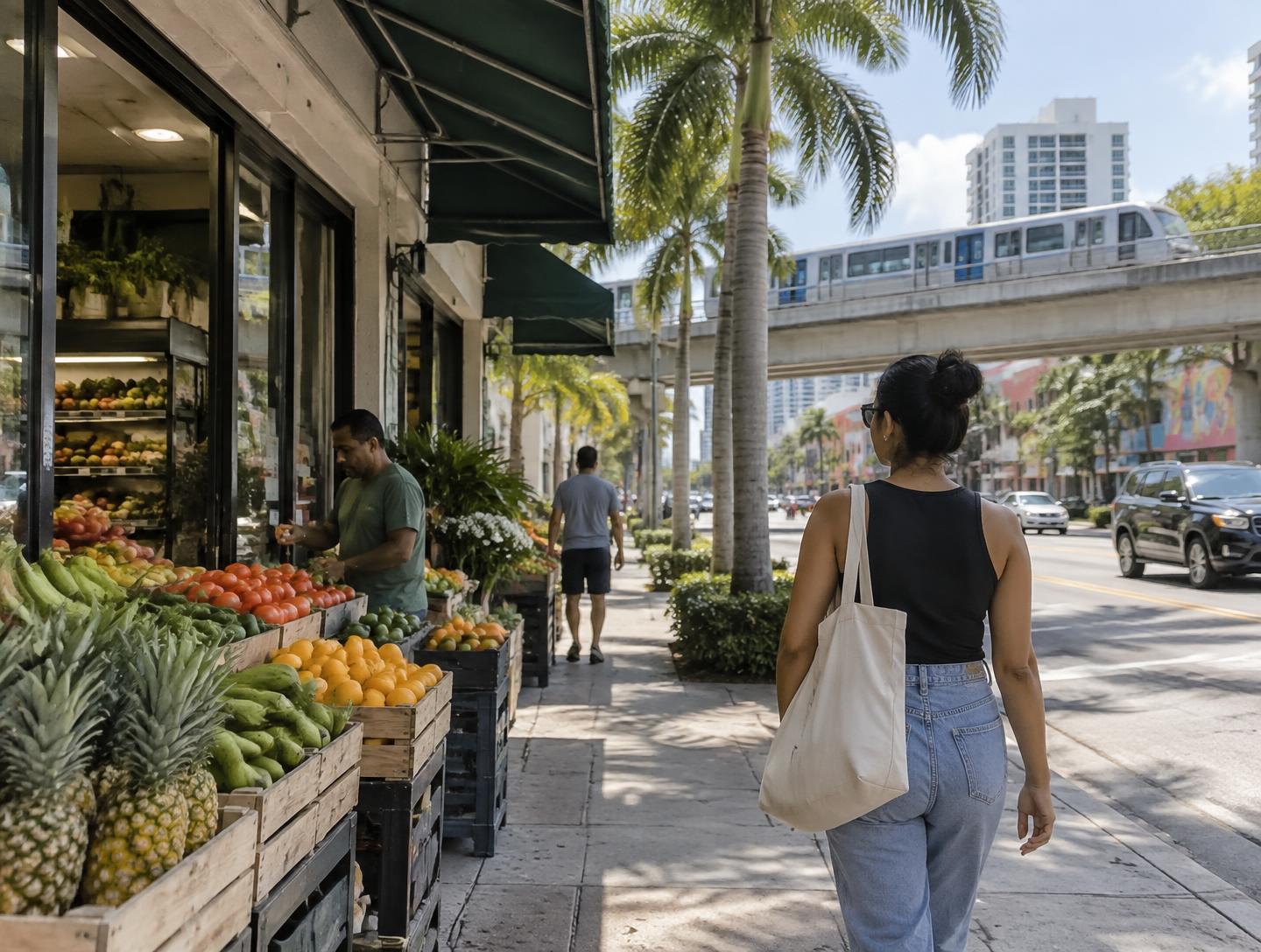 Local grocery market on a sunny Miami street with a shopper walking past and palm trees behind
