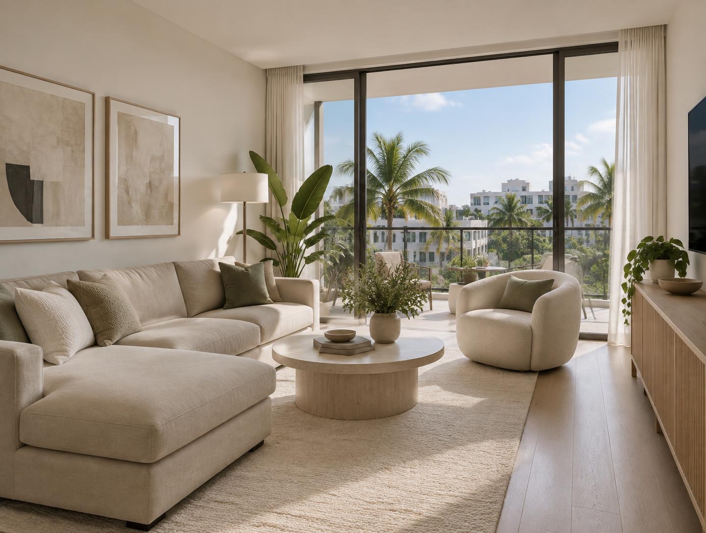 Bright furnished apartment living room in Miami with a balcony view of palm trees