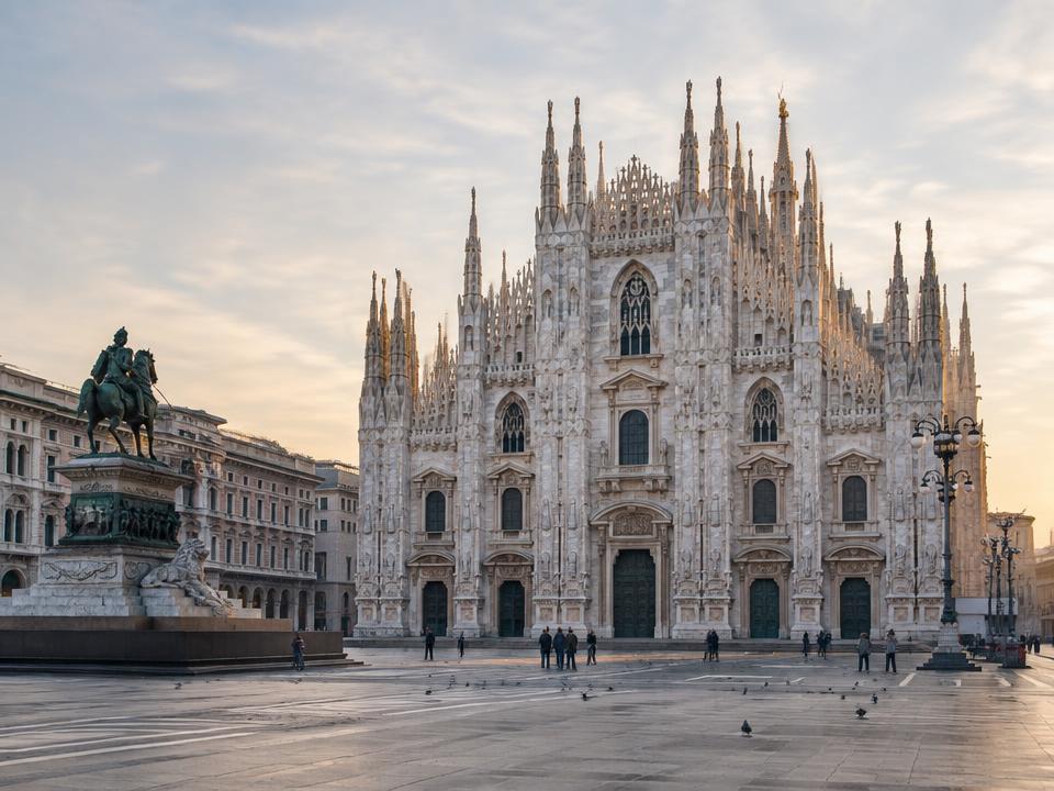 Milan Cathedral facade on Piazza del Duomo at sunrise