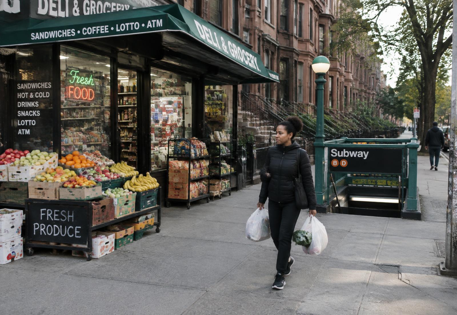Resident carrying grocery bags past a corner deli with fresh produce and a subway entrance on a brownstone street in New York